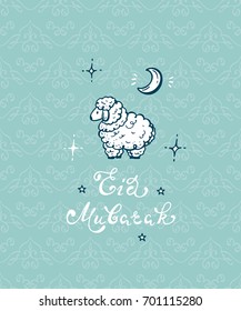Greeting card template for Muslim Community Festival of Sacrifice Eid-Ul-Adha. Eid Mubarak Handwritten lettering with Hand Drawn Doodle Sheep. Vector Illustration