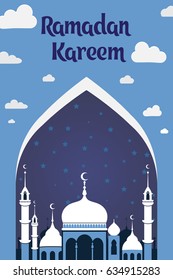 Greeting card template for muslim holiday with flat illustration of islamic mosque and crescent moon. Traditional Ramadan Kareem month celebration.