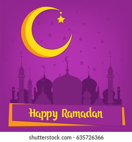 Greeting card template for muslim holiday with flat illustration of islamic mosque and crescent moon. Traditional Ramadan Kareem month celebration.