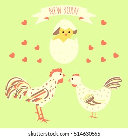 Greeting card template with new born chicken and bird parents couple. Stock vector illustration for congratulation on baby birth. 