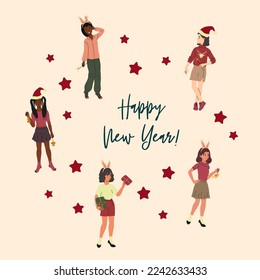 Greeting card template. New Year celebration. Girls have fun, decorate the Christmas tree, give gifts