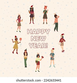 Greeting card template. New Year celebration. Girls have fun, decorate the Christmas tree, give gifts