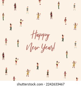 Greeting card template. New Year celebration. Girls have fun, decorate the Christmas tree, give gifts