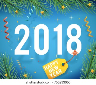 Greeting Card Template New Year 2018 Icon Symbol Confetti Ribbons Vector Illustration