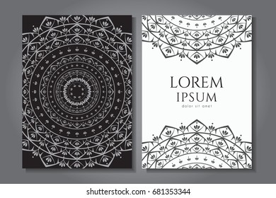 Greeting Card Template with Oriental Circle Ornament.Card Invitation Design i Black and White