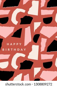 Greeting card template with paper cut shapes in black, pastel pink and cream on brick red background. Text Happy Birthday. Creative and modern collage style wall art, greeting card, gift wrap design.