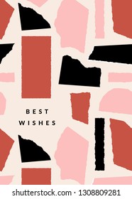 Greeting card template with paper cut shapes in black, red and pastel pink on cream background. Text Best Wishes. Creative and modern collage style wall art, greeting card, gift wrap design.