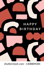 Greeting card template with paper cut shapes in cream, pastel pink and brick red on cream background. Text Happy Birthday. Creative and modern collage style wall art, greeting card, gift wrap design.