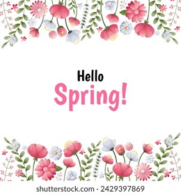 Greeting card template with pink and white floral blooming flowers and leaves border. Spring botanical flat vector
