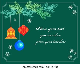 greeting card template with place for your text. Christmas wreath with ball and bell on blue snowflakes background.