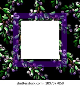 Greeting card template with plums, square, poster, postcard, space for text, banner, anniversary, wedding, plum, violet, cartoon, white, poster, blank, greeting, party, invitation, text space, area