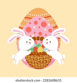 Greeting card template, postcard, cover with Easter eggs, rabbit ears and  text frame on  yellow background. Poster design, social network post, banner, flyer, cover, print. Vector image. 