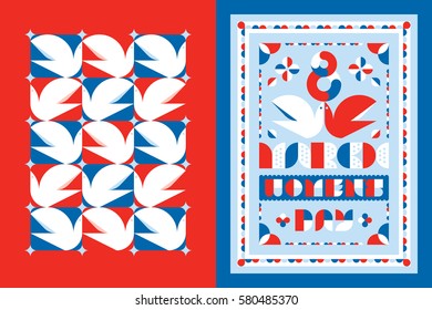 Greeting card template and poster for the 8 th of March international womens day with white dove and floral decorative elements in red and blue