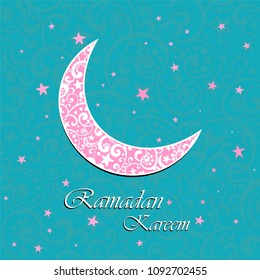 A greeting card template 'Ramadan Kareem'. Mint background with isolated icon for ramadan kareem. Eid Mubarak. Beautiful Crescent and Star. Islamic celebration greeting card. Vector Illustration