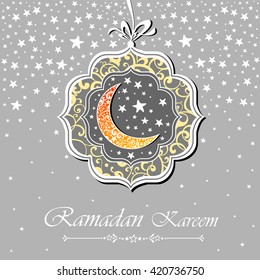 A greeting card template 'Ramadan Kareem'. Silver background with isolated icon for ramadan kareem. Vector Illustration 