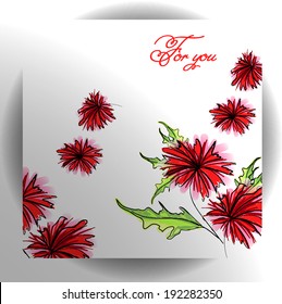 Greeting card template. With red aster flower. Clipping mask. Isolated on white.