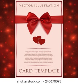 Greeting card template with red bow, ribbon and two hearts. Invitation. Vector illustration