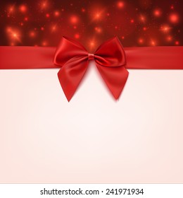 Greeting card template with red bow, ribbon and two hearts. Invitation. Vector illustration