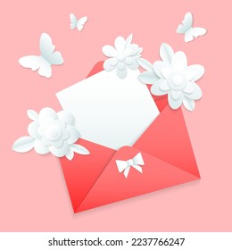 Plantilla de tarjeta de saludo con sobre rojo, flores blancas y mariposas en estilo de corte de papel sobre fondo rosa