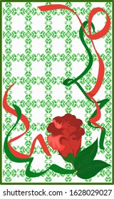 Greeting card template with red rose and colorful ribbons