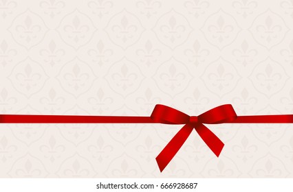 Greeting card template with red silk bow and ribbon. Gift Voucher Template.  Vector Illustration.