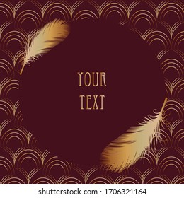 Greeting card, template in retro style, burgundy background with golden abstract pattern, gold feathers
