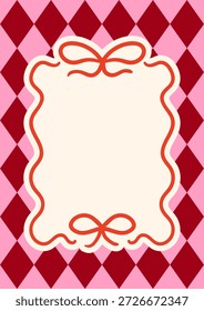 Grußkartenvorlage mit Farbbandrahmen auf rhombuskariertem Hintergrund. Handgezeichnete wellenförmige Schleife. Handgezeichnete Vektorgrafik für Urlaubsdesigns