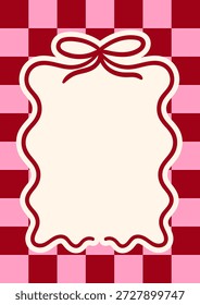 Plantilla de tarjeta de felicitación con marco de cinta sobre fondo a cuadros. Arco ondulado dibujado a mano. Vector dibujado a mano ilustración para diseños de vacaciones