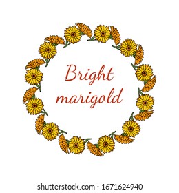 Greeting card template with round frame wreath of calendula flowers, vector illustration
