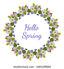 Greeting card template with round frame wreath of blue violet and apple flowers, vector illustration