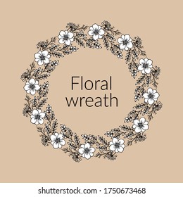 Greeting card template with round frame wreath of leaves and flowers, vector illustration