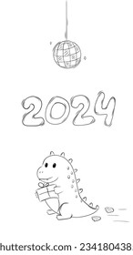 Greeting Card Template Simple Background New Year 2024 Symbol of the Year Cute Green Dragon carries a New Year Gift