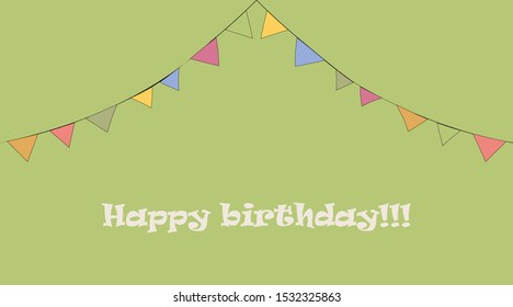 Greeting card template. Small colored flags on the banner on the background of pleasant pastel colors for the background on the banner. Inscription for happy new year, happy birthday, greeting.