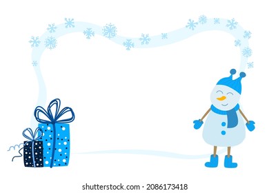 Greeting card template with snowman and gift box. Vector new year banner. Christmas frame for congratulations text