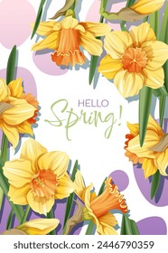 Greeting card template with spring flowers. Banner, poster with daffodils. Easter illustration of delicate flowers in cartoon style for card, invitation, background, etc.