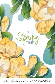 Greeting card template with spring flowers. Banner, poster with yellow freesia. Vector illustration of delicate flowers in cartoon style for card, invitation, background, etc.