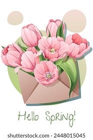 Greeting card template with spring flowers in an envelope. Poster, banner with tulips. Hello Spring! Vector illustration of delicate flowers in cartoon style for card, invitation, background, etc.