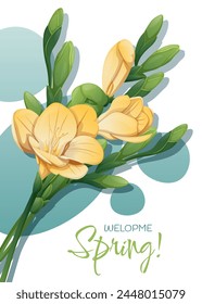 Greeting card template with spring flowers. Banner, poster with yellow freesia. Vector illustration of delicate flowers in cartoon style for card, invitation, background, etc.