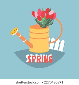 Greeting card template with spring mood. Spring season invitation. Minimalist postcard with tulips, watering can.	