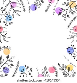 Greeting card template. Square frame from doodle branches and watercolor dots on white background. Hand drawn floral frame with copyspace.