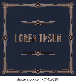 Greeting card template square shape geometric art deco style with gold frame on cyan background for sale, wedding invitation card, party, menu, cafe. Arabic frame. Vector Illustration