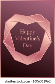 Greeting card template for st valentine's day with rose gold heart on a pink background.