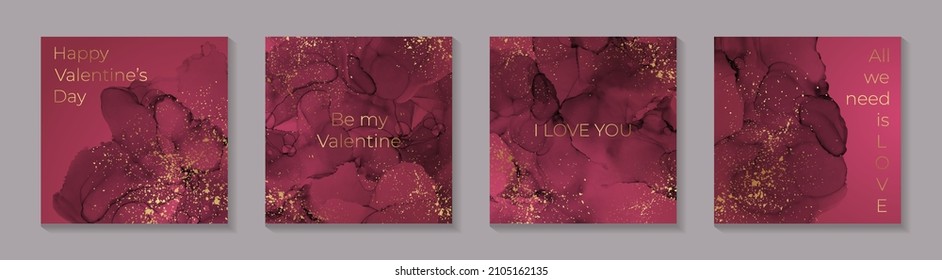 Greeting card template for st valentine's day with abstract red watercolor or ink stains with golden glitter.