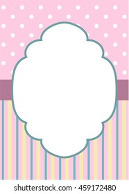 Greeting card template with stripes and polka dot on pink background for wedding, baby shower or birthday party