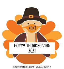 Greeting card template Thanksgiving 2021. Fully editable vector illustration. Turkey wearing a face mask. Stay home, social distancing design. Flyer, poster, greeting card, social media post