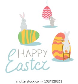 Greeting card template. Three cute bunnies preparing eggs for the Easter. Hand drawn vector illustration. 