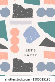 Greeting card template with torn paper pieces in pastel colors and text Let's Party. Playful and modern collage style poster, gift wrap, brochure design.