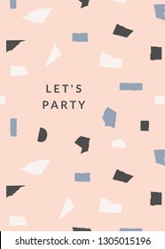 Greeting card template with torn paper pieces in pastel colors and text Let's Party. Playful and modern collage style poster, gift wrap, brochure design.