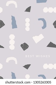 Greeting card template with torn paper pieces in pastel colors and text Best Wishes. Playful and modern collage style poster, gift wrap, brochure design.