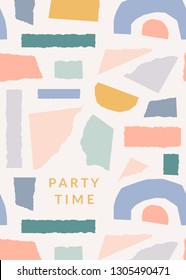 Greeting Card Template With Torn Paper Pieces In Pastel Colors And Text Party Time. Playful And Modern Collage Style Poster, Gift Wrap, Brochure Design.